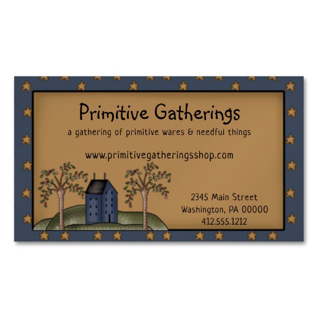 Rustic Primitive Country Saltbox & Stars on Kraft Magnetic Business Card (Front)