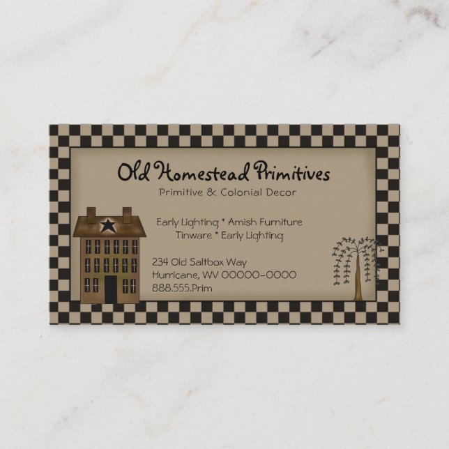 Rustic Primitive Saltbox Willow Tree Country  Business Card (Front)