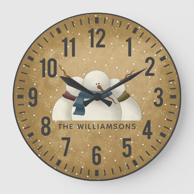 Rustic Primitive Snowmen Christmas  Personalized Large Clock (Front)