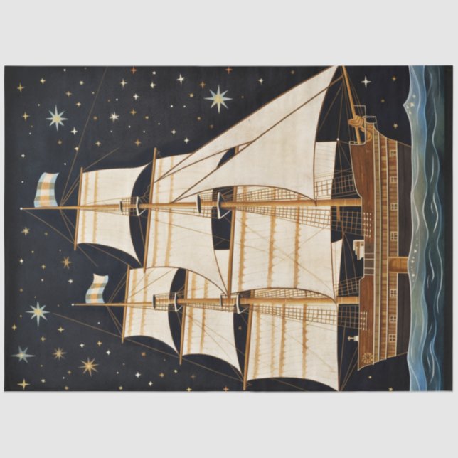 Rustic Primitive Tall Ship At Night Decoupage     Tissue Paper (Front)