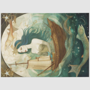 Rustic Primitive Woman With Fish Decoupage     Tissue Paper