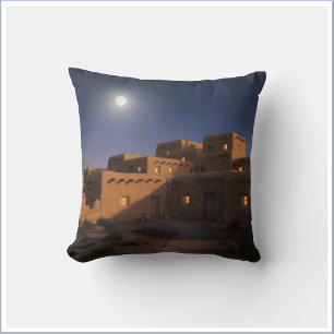 Rustic Pueblo Adobe Home Under Moonlit Sky Cushion