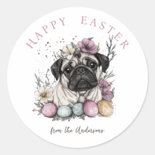 Rustic pug dog Easter botanicals  Classic Round Sticker