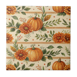 Rustic Pumpkin and Chrysanthemum Autumn Pattern Ceramic Tile