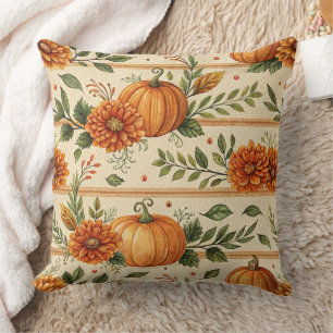 Rustic Pumpkin and Chrysanthemum Autumn Pattern Cushion