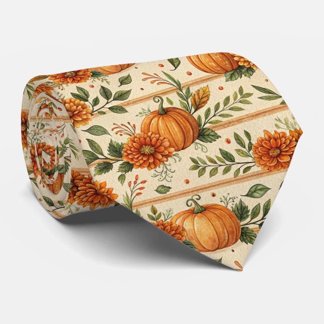 Rustic Pumpkin and Chrysanthemum Autumn Pattern Tie (Rolled)