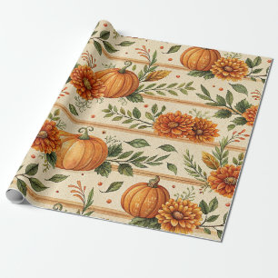 Rustic Pumpkin and Chrysanthemum Autumn Pattern Wrapping Paper