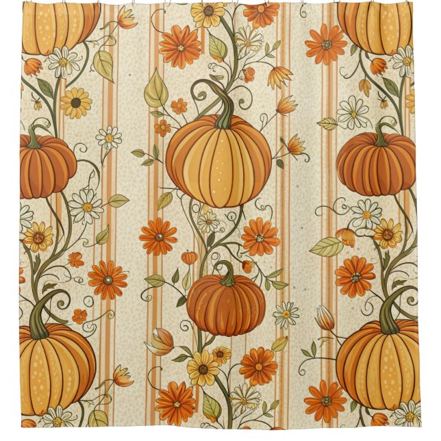 Rustic Pumpkin and Fall Foliage Pattern (6) Shower Curtain (Front)