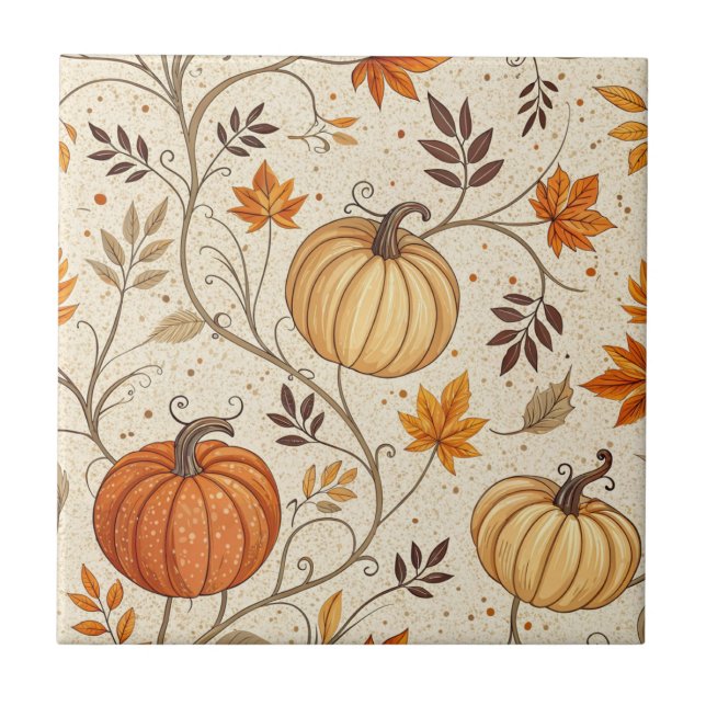 Rustic Pumpkin and Fall Foliage Pattern Ceramic Tile (Front)