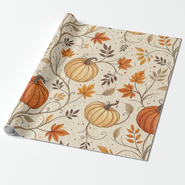 Rustic Pumpkin and Fall Foliage Pattern Wrapping Paper (Unrolled)