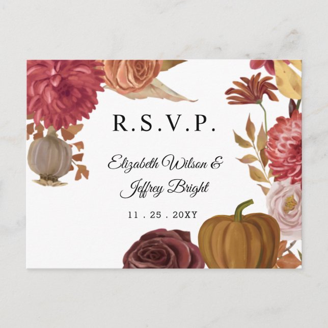 Rustic Pumpkin Autumn Fall Wedding RSVP  Invitation Postcard (Front)