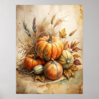 Rustic Pumpkin & Autumn Leaves Boho Fall Wall Art