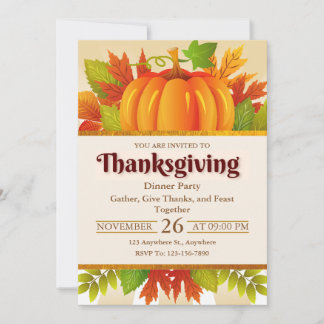 Rustic Pumpkin, Autumn Leaves Thanksgiving Dinner Invitation
