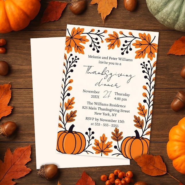 Rustic Pumpkin Autumn Leaves Thanksgiving Dinner Invitation (Creator Uploaded)
