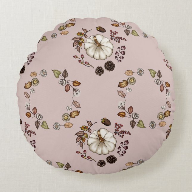 Rustic Pumpkin & Autumn Leaves Wreath Pattern Round Cushion (Front)