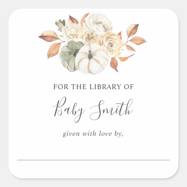 Rustic Pumpkin Baby Shower Library Bookplate Square Sticker (Front)
