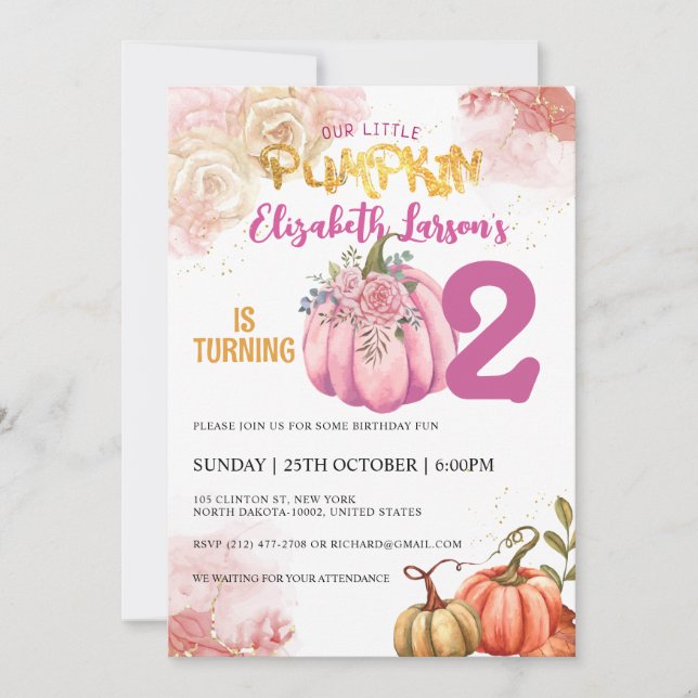 Rustic Pumpkin Birthday Glitter Watercolor Invitation (Front)
