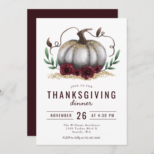 Rustic Pumpkin Burgundy Gold Thanksgiving Dinner Invitation (Front/Back)