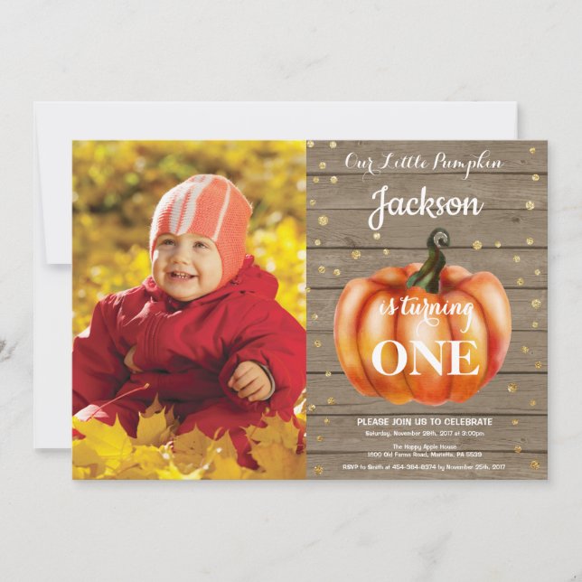 Rustic Pumpkin Fall Birthday Invitation Gold (Front)