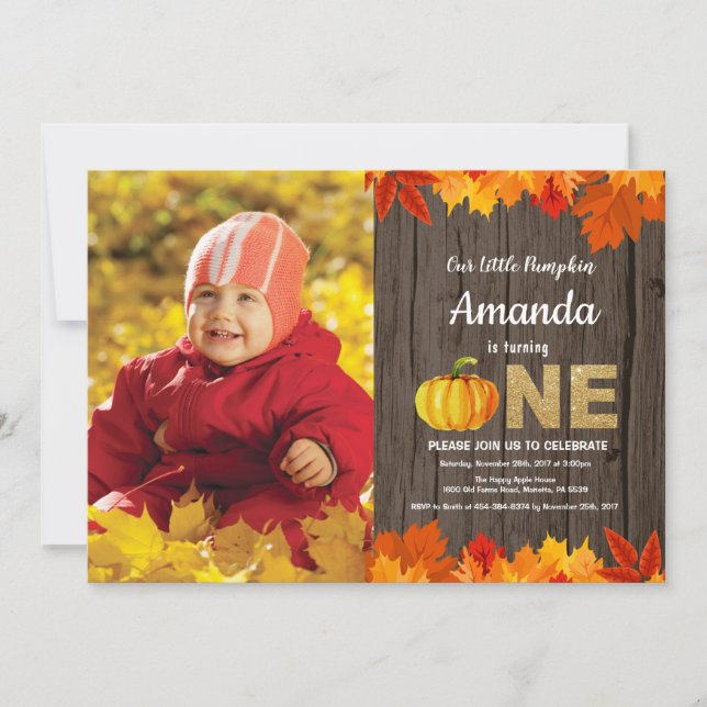 Rustic Pumpkin Fall Birthday Invitation Gold (Front)