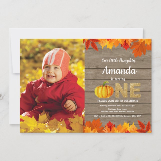 Rustic Pumpkin Fall Birthday Invitation Gold (Front)