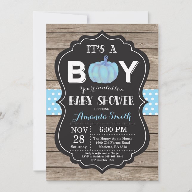 Rustic Pumpkin Fall Blue Baby Shower Invitation (Front)