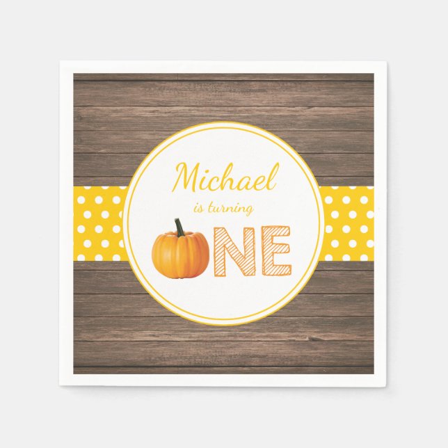 Rustic Pumpkin Fall First Birthday Party Yellow Napkin (Front)