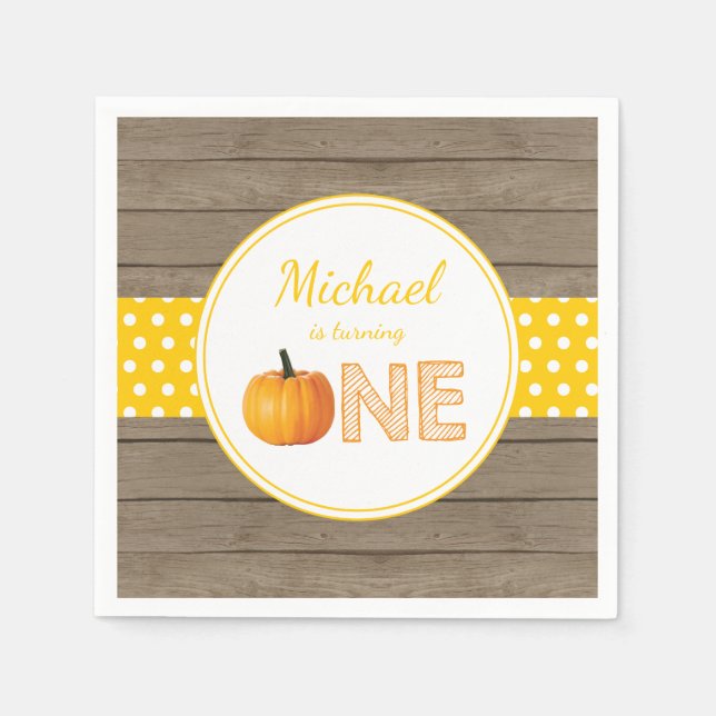 Rustic Pumpkin Fall First Birthday Party Yellow Napkin (Front)