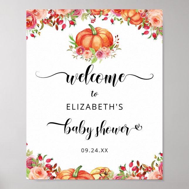 Rustic Pumpkin Fall Floral Baby Shower Welcome  Poster (Front)