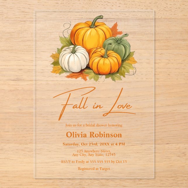 Rustic Pumpkin Fall in Love Bridal Shower  Acrylic Invitations (Front)