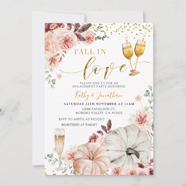 Rustic Pumpkin Fall in Love Engagement Invitation (Front)