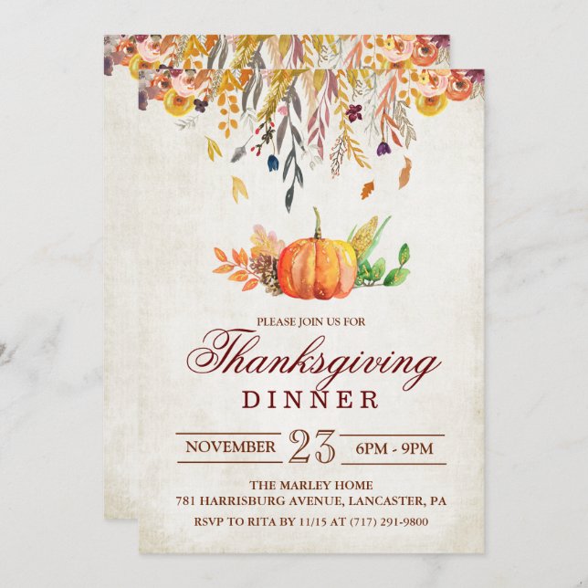 Rustic Pumpkin Fall Thanksgiving Dinner Invitation (Front/Back)