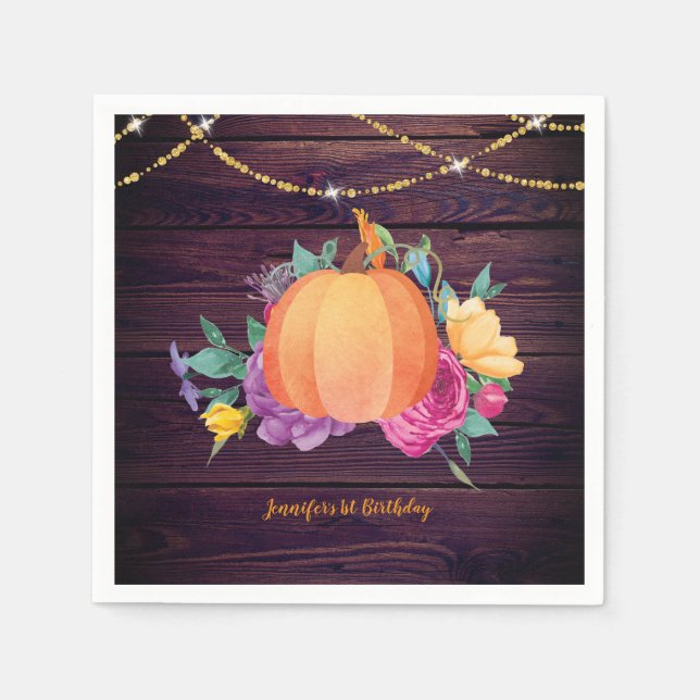 Rustic Pumpkin Fall Watercolor Folk Flowers Napkin (Front)