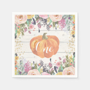 Rustic Pumpkin First Birthday Floral Gold Glitter Napkin