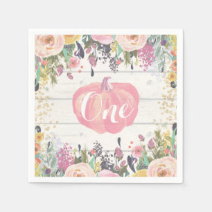 Rustic Pumpkin First Birthday Floral Gold Glitter Napkin