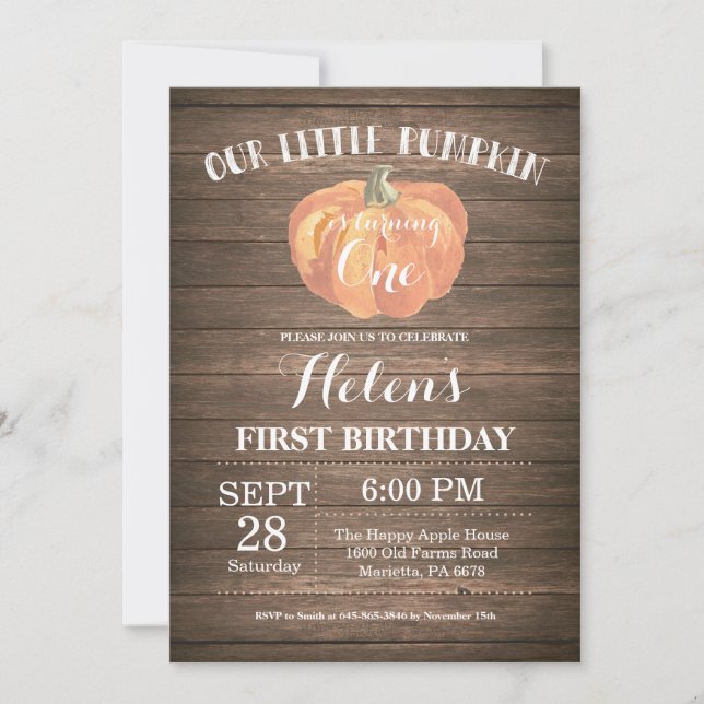 Rustic Pumpkin First Birthday Invitation (Front)