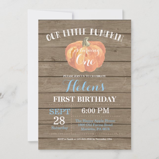 Rustic Pumpkin First Birthday Invitation Blue (Front)