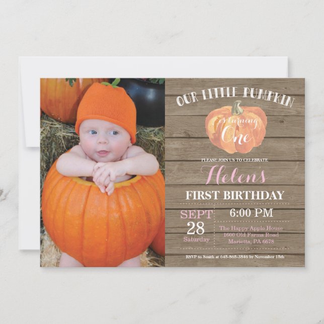 Rustic Pumpkin First Birthday Invitation Pink (Front)