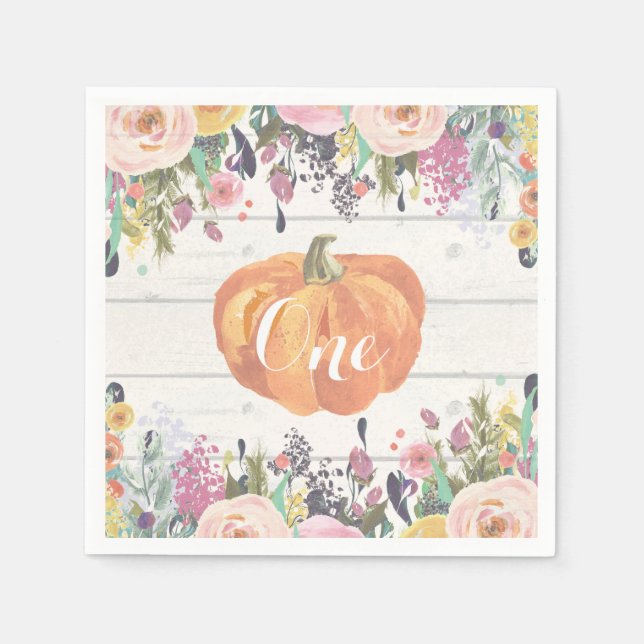 Rustic Pumpkin First Birthday Watercolor Floral Napkin (Front)