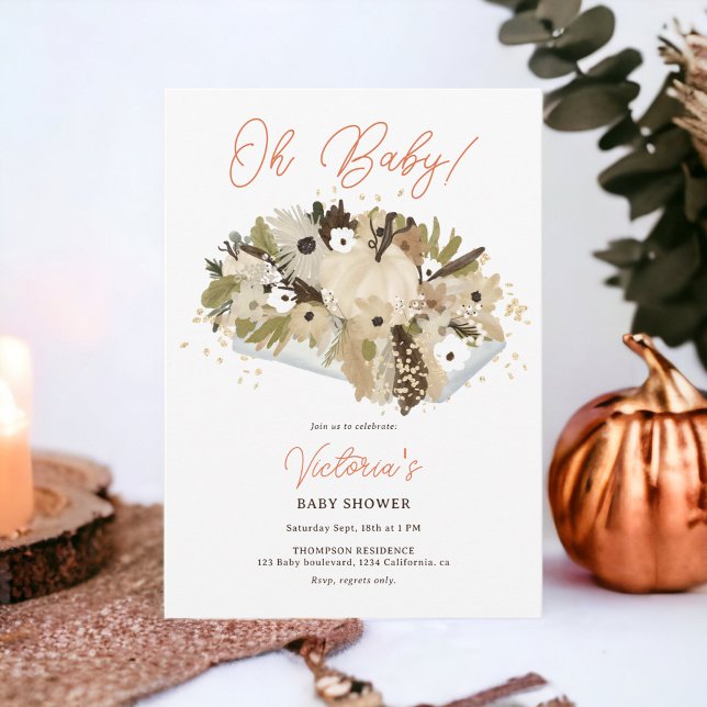 Rustic pumpkin floral neutral Oh baby shower Invitation (Rustic pumpkin floral neutral Oh baby shower Invitation)