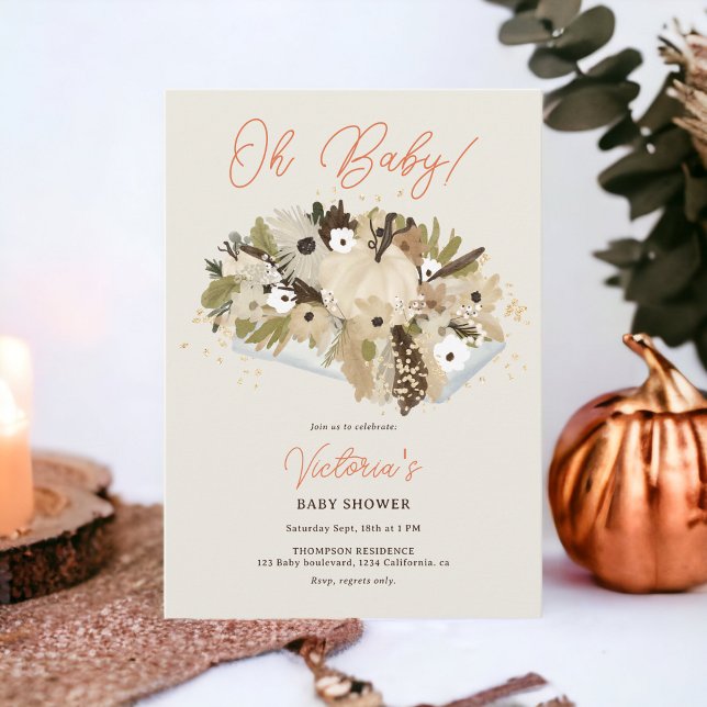 Rustic pumpkin floral neutral Oh baby shower Invitation (Rustic pumpkin floral neutral Oh baby shower Invitation on beige)