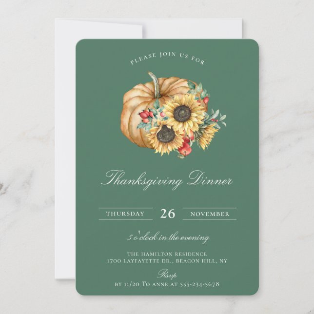Rustic Pumpkin Floral Thanksgiving Dinner Green Invitation (Front)