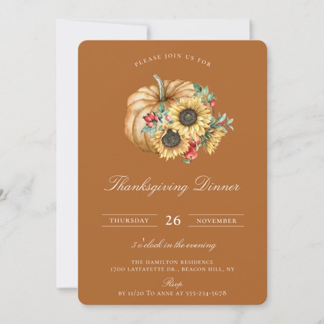 Rustic Pumpkin Floral Thanksgiving Dinner Invitation (Front)