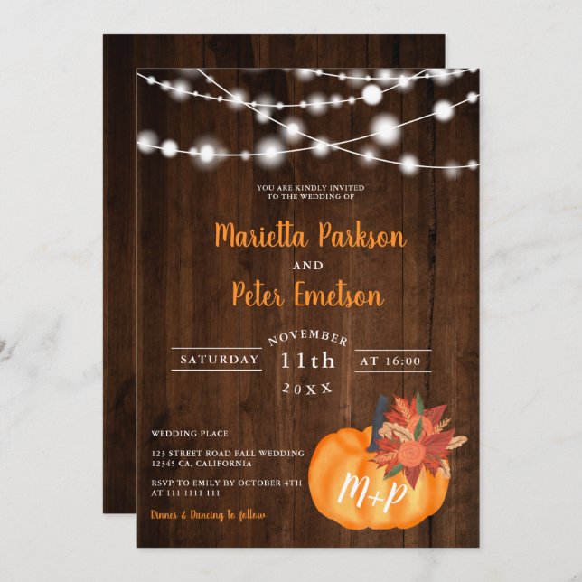 Rustic pumpkin floral wood lights fall wedding invitation (Front/Back)