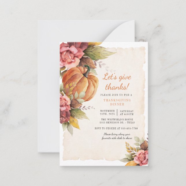 Rustic Pumpkin Give Thanks Thanksgiving Dinner Card (Front)