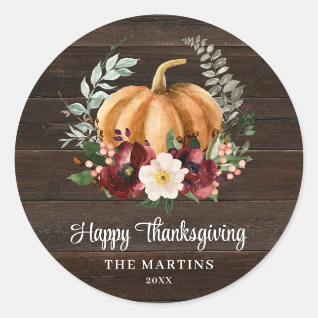 Rustic Pumpkin Happy Thanksgiving Favour Classic Round Sticker (Front)