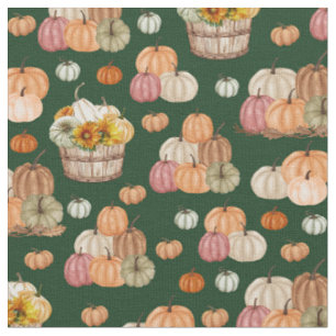 Rustic Pumpkin Harvest on Forest Green Fabric