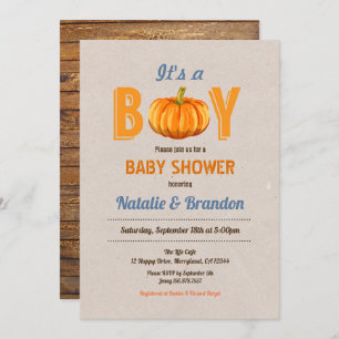 Rustic pumpkin it's a boy baby shower invitation