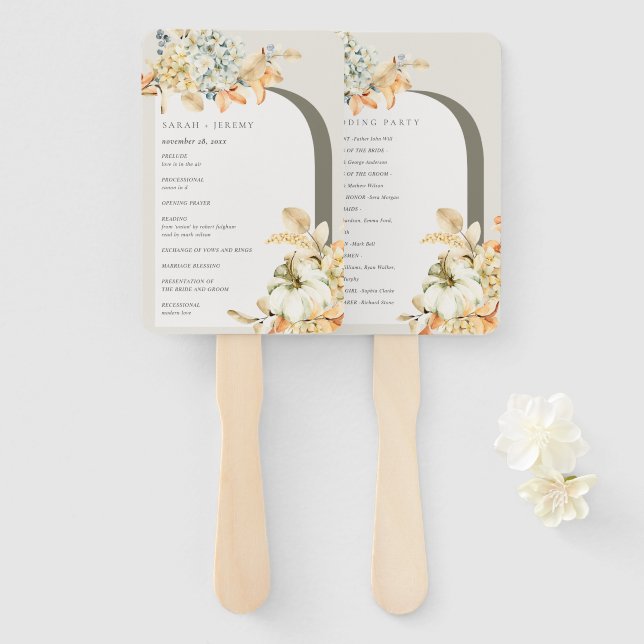 Rustic Pumpkin Leafy Floral Arch Wedding Program Hand Fan (Front and Back)