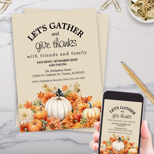 Rustic Pumpkin Lets Gather Friendsgiving Invitation (fall theme pumpkins autumn leaves lets gather thanksgiving friendsgiving dinner party invitations)